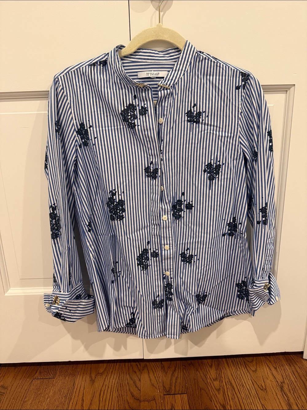 10 Crosby Derek Lam Navy and White Striped Embroidered Button-Down Blouse